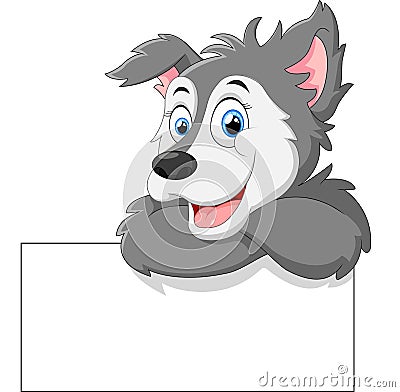 Cute wolf cartoon with blank sign Stock Photo