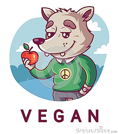 Cute wolf holding an apple. Peaceful vegan. Vector Illustration