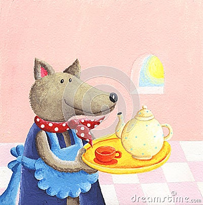 Cute wolf serving tea Cartoon Illustration