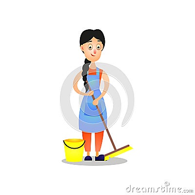 Cute woman in blue apron, cleaning home using mop Vector Illustration