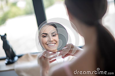 Cute woman in pink lingerie looking in the mirror and smiling Stock Photo