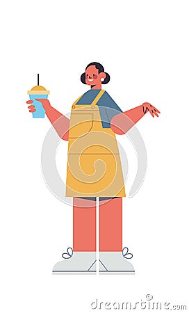 Cute woman drinking coffee smiling girl in casual trendy clothes female cartoon character standing pose Vector Illustration