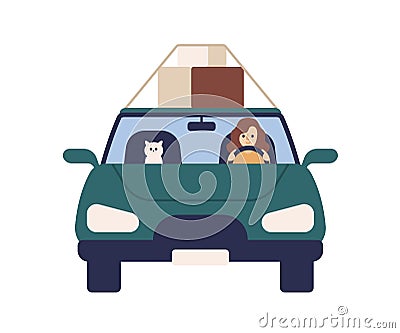 Cute woman driver ride at automobile with cat vector flat illustration. Female driver and pet carrying box on roof of Vector Illustration