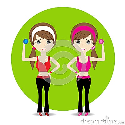 Cute Woman exercising in sport outfit holding dumbbell smiling Vector Illustration