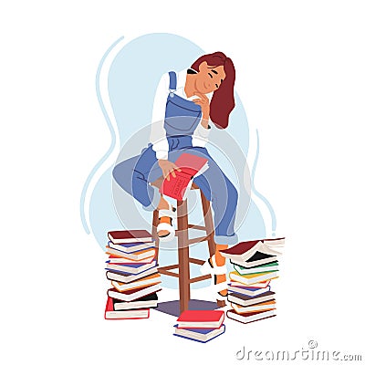 Cute Woman Finds Joy In Reading Books Sitting On High Stool In Library Or Home, Her Eyes Filled With Fascination Vector Illustration