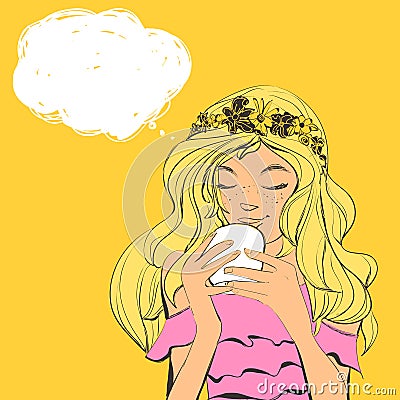 Cute woman with freckles and flowers diadem on beautiful hair drinking tea. Vector illustration with bubble for text. Vector Illustration