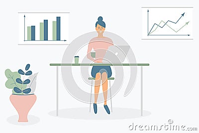 Cute woman freelancer work by computer at the table. Successful female character. Young calm freelance worker with laptop on desk Vector Illustration