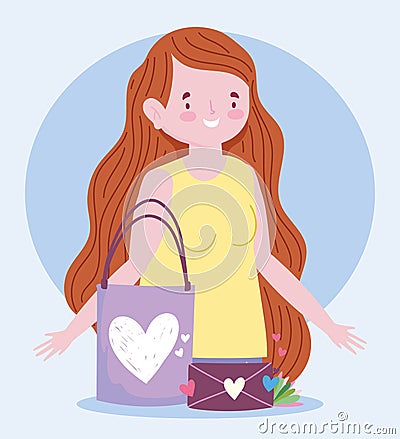 Cute woman with gift bag and envelope heart love romantic cartoon Vector Illustration