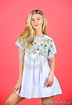 Cute woman has blond hair. fashion and beauty. summer dress female collection. stylish makeup for her. sexy blonde on Stock Photo