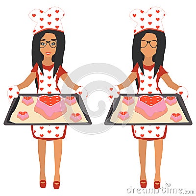 Cute woman holding baking tray with big cake heart and small cakes hearts. Vector illustration Cartoon Illustration