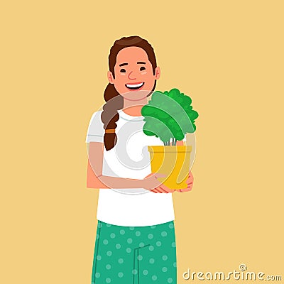 Cute woman is holding a pot with a home plant. Hobby to grow indoor plants Cartoon Illustration
