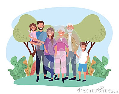 Cute woman and man with their kids and parents Vector Illustration