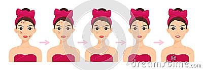 Cute Woman with Pimples on Face. Acne Treatment. Steps. Facial Skin Whitening. Stages. Happy Girl with a Smile and Clean Skin. Vector Illustration