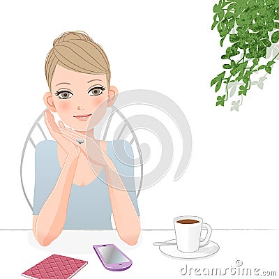 Cute woman relaxing at cafÃ© with smart phone Vector Illustration