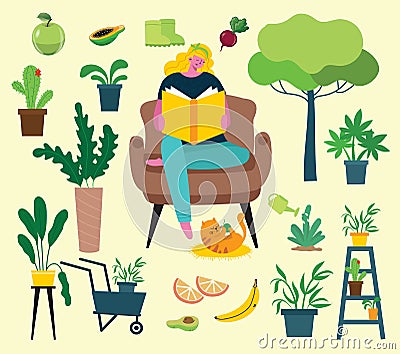 Cute woman sitting on chair with book in cozy scandinavian home interior. Daily life of freelance worker, everyday Vector Illustration