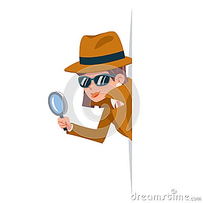 Cute woman snoop detective magnifying glass tec peeking out corner search help noir female cartoon character design Vector Illustration