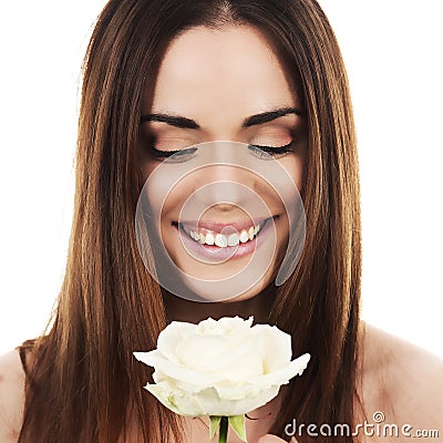 Cute woman with white rose Stock Photo