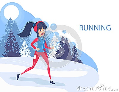 Cute woman in winter gear running outside in snow-covered park. Vector illustration. Girl running winter marathon. Vector Illustration