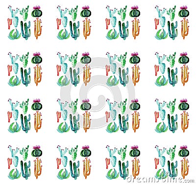 Cute wonderful mexican tropical hawaii floral herbal summer green pattern of a groups colorful cactus with flowers vertical patter Stock Photo