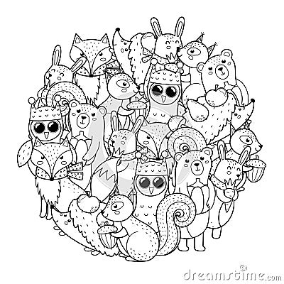 Cute woodland animals circle shape pattern for coloring book Vector Illustration