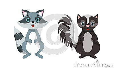 Cute Woodland Animals with Raccoon and Skunk Vector Set Vector Illustration