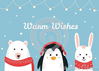 Cute Woodland Animals. Warm Wishes Christmas and Winter Holiday Vector Card Vector Illustration