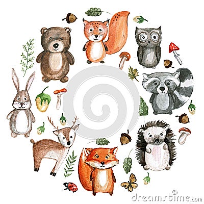 Cute woodland animals Watercolor images Kindergarten zoo icons Stock Photo