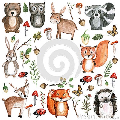 Cute woodland animals Watercolor images Kindergarten zoo icons Stock Photo