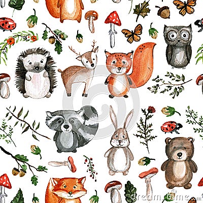 Cute woodland animals Watercolor images Kindergarten zoo icons Stock Photo