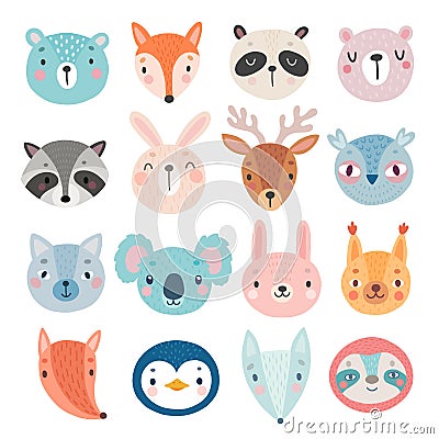 Cute Woodland characters, bear, fox, raccoon, rabbit, squirrel, deer, owl and others Vector Illustration