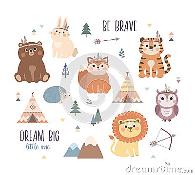 Cute woodland tribal animals set Vector Illustration