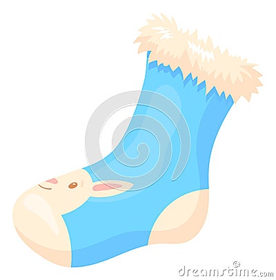 Cute woolen sock with rabbit pattern. Cartoon icon Vector Illustration