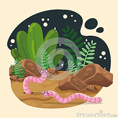 Cute worm insects on the ground with leaves Vector Vector Illustration