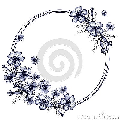 Cute Wreath with Flowers, Leaves and Branches. Circle Frame for Your Text on White Background. Stock Photo
