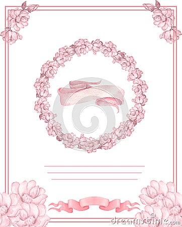 Cute wreath with leaves, white pink flowers, Circle and inflorescence Hydrangea, illustration in vintage watercolor style Romantic Cartoon Illustration