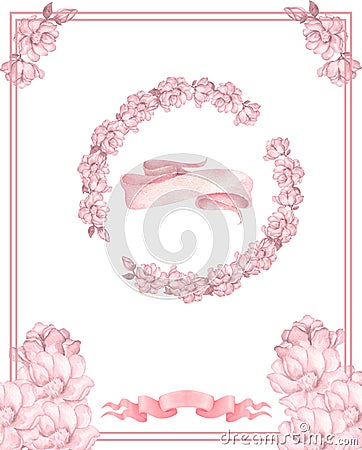 Cute wreath with leaves, white pink flowers, Circle and inflorescence Hydrangea, illustration in vintage watercolor style Romantic Cartoon Illustration