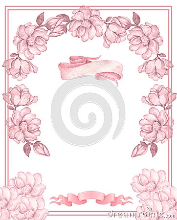 Cute wreath with leaves, white pink flowers, Pyrethrum and inflorescence Hydrangea, illustration in vintage watercolor style Cartoon Illustration