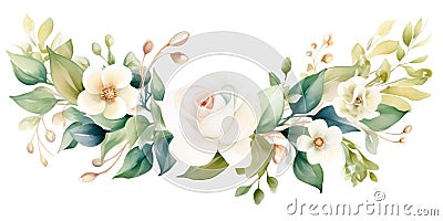 Cute wreath with leaves, white roses, pyrethrum and hydrangea blossom , Generative AI Stock Photo