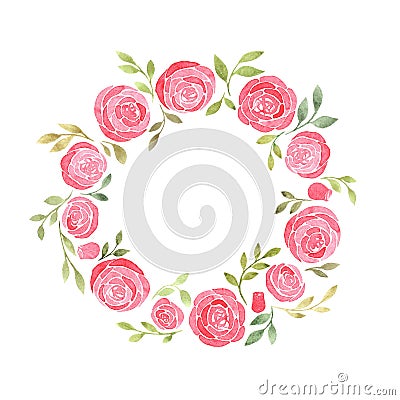 Cute wreath with leaves, white Roses, Pyrethrum and inflorescence Hydrangea Cartoon Illustration