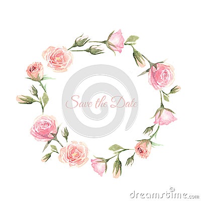 Cute wreath with leaves, white Roses, Pyrethrum and inflorescence Hydrangea Cartoon Illustration