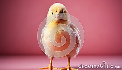 Cute yellow baby chicken with fluffy feathers standing on grass generated by AI Stock Photo
