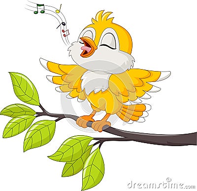 Cute yellow bird singing on white background Vector Illustration