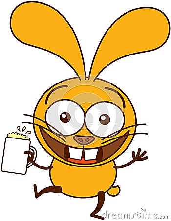 Cute yellow bunny celebrating with beer Vector Illustration