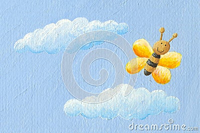 Cute yellow butterfly in the sky Cartoon Illustration