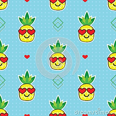 Cute yellow cartoon pineapples emoji face with red heart sunglasses on blue background pattern Vector Illustration