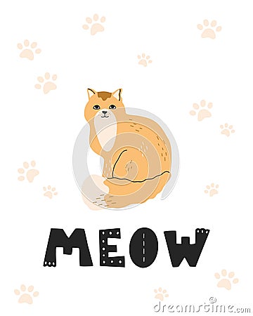 Cute yellow cat, kawaii kitten with hand written meow lettering Vector Illustration