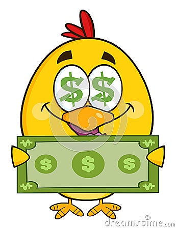 Cute Yellow Chick Cartoon Character With Dollar Symbol Eyes, Holding Cash Money Vector Illustration