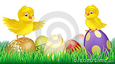 Cute yellow chicks on Easter eggs Vector Illustration