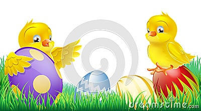 Cute yellow chicks and Easter eggs Vector Illustration