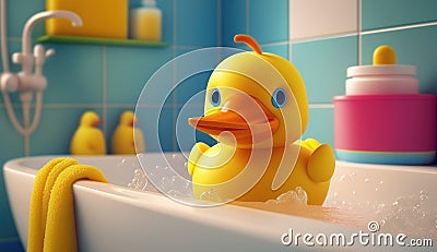 Cute yellow duck toy in bath bright colors Stock Photo
